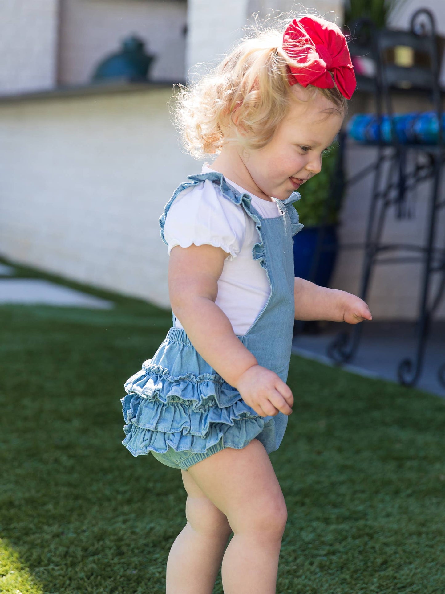 Baby Girls Light Wash Flutter Overall Romper: Blue / 12-18m
