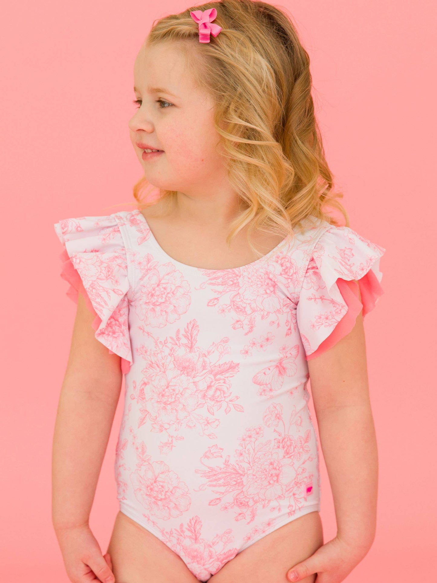 Girls Bubblegum Pink Butterfly Garden Toile Butterfly Sleeve One Piece Swimsuit
: Pink / 3T - Edwina Alexis