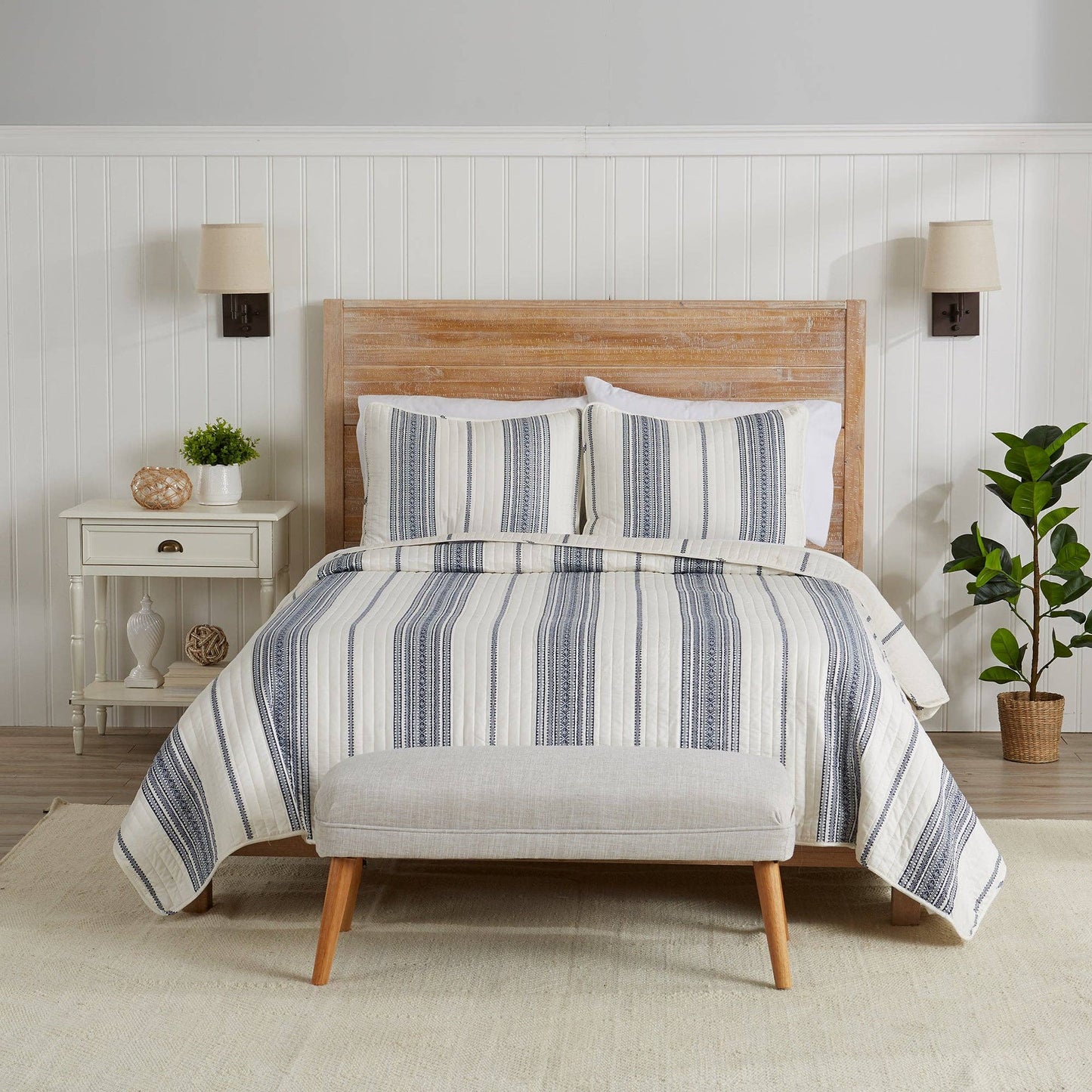 3-Piece Stripe Quilt - Wesley Collection: Wesley - White/Green / Twin - Edwina Alexis