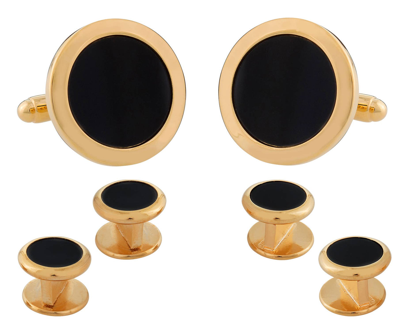 Mens Round Black Onyx Gold Cufflinks Studs Tuxedo Formal Set - Edwina Alexis