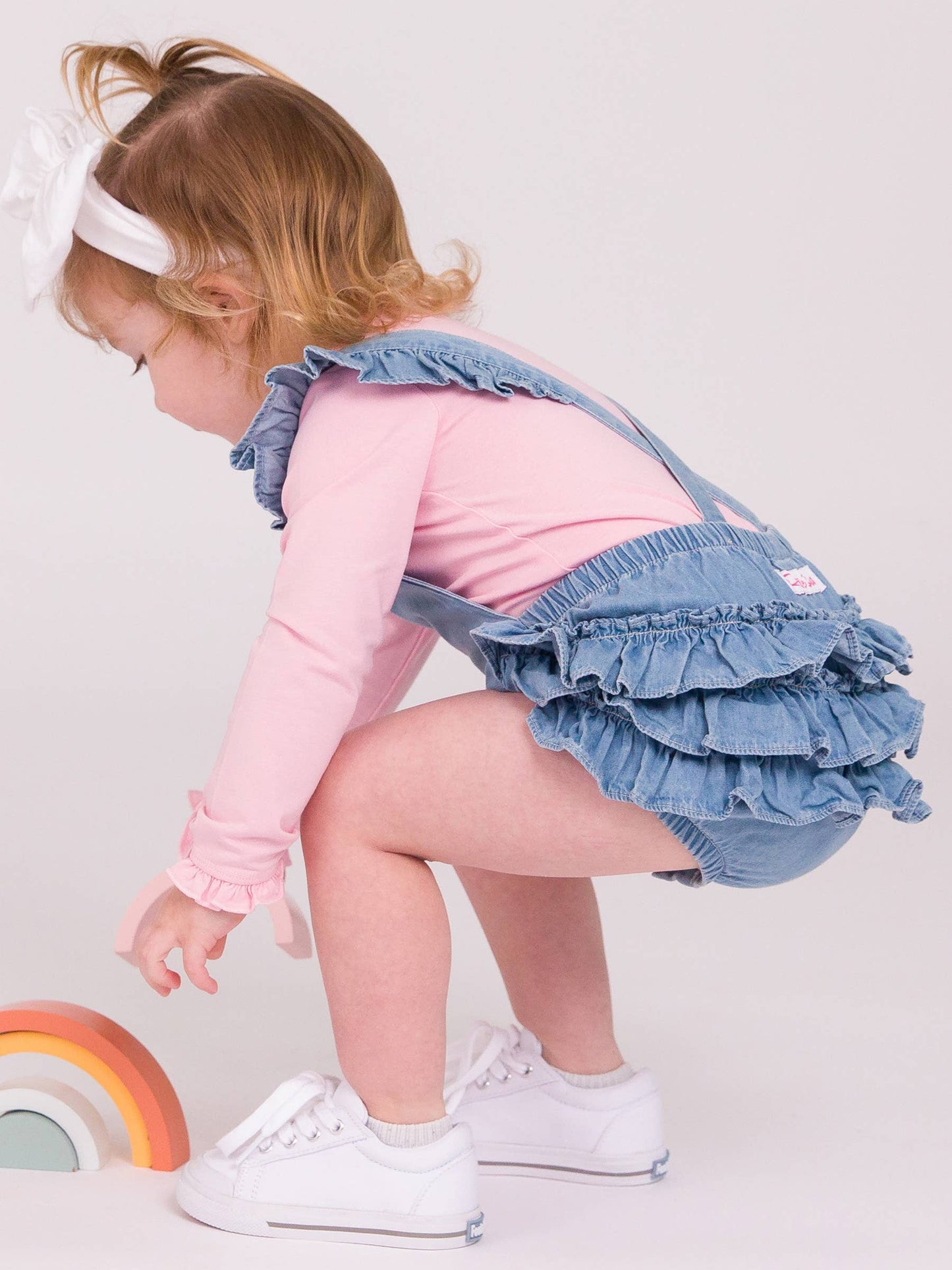 Baby Girls Light Wash Flutter Overall Romper: Blue / 12-18m