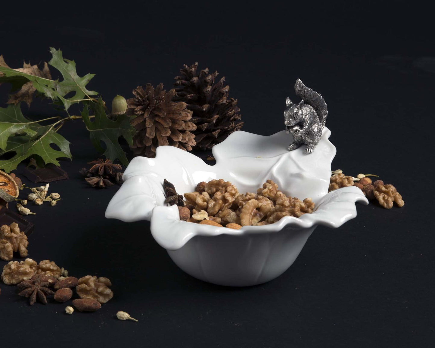 Fine Porcelain Leaf Bowl With Pewter Squirrel - Edwina Alexis