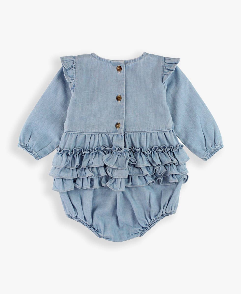 Baby Girls Light Wash Long Sleeve Flutter Bubble Romper: Blue / 18-24m