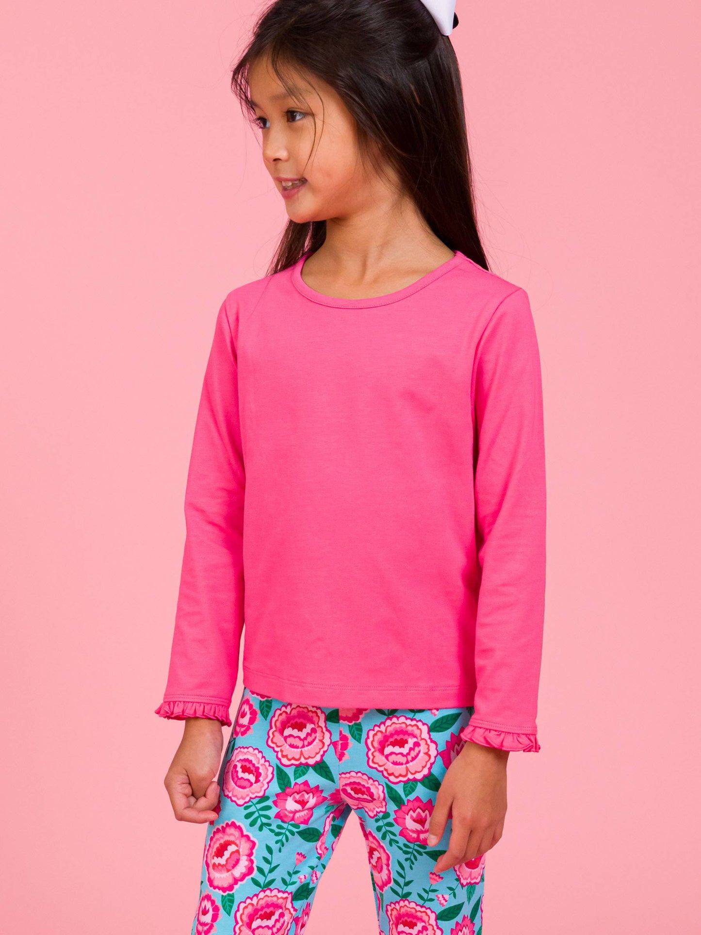 Girls Hot Pink Knit Long Sleeve Ruffle Sleeve Top: Pink / 18-24m