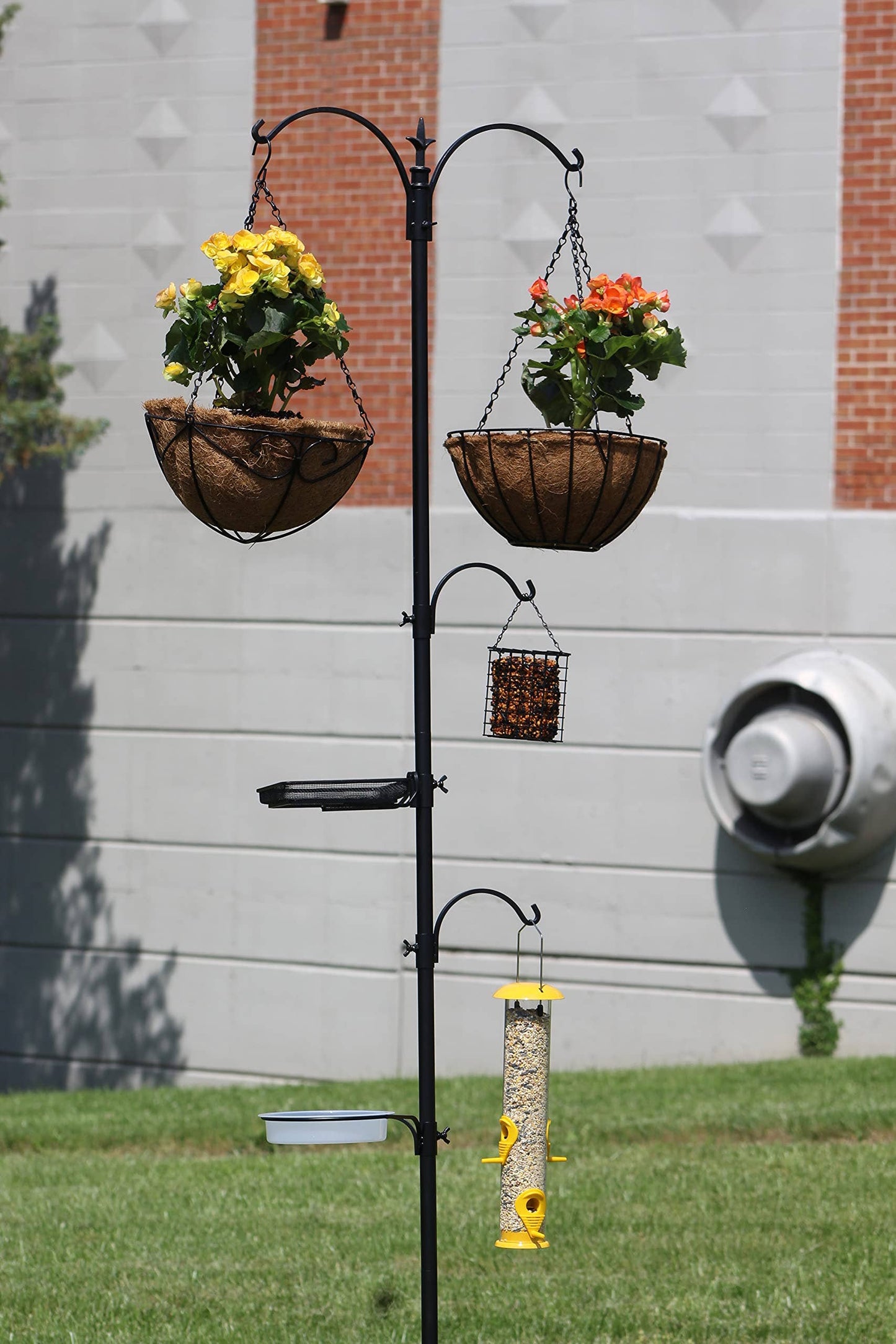 Ashman Bird Feeding Station, (Bird Station 5 Prongs with Hanging Suet Feeder), 22" Wide x 91" Tall with Top Hook, Two Small Arms and Water Dish, Hanging Suet Cage Bird Feeder Stand