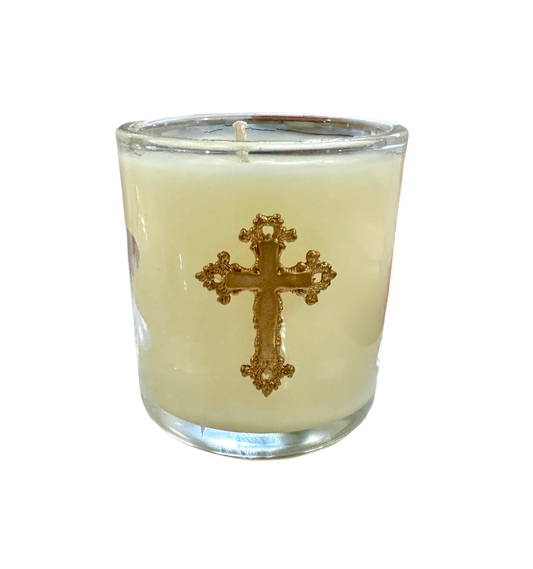 Clear Glass Votive Candle w/ Brass Cross
