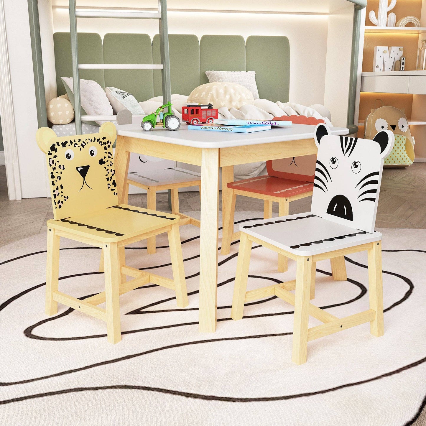 Kids Table and Chair Set with Cartoon Animal Backs, 5-Piece: Default