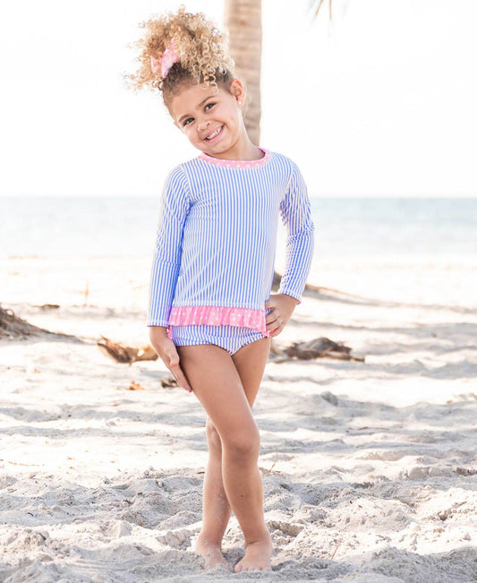 Girls Periwinkle Blue Seersucker Long Sleeve Rash Guard Bikini: 6-12m - Edwina Alexis