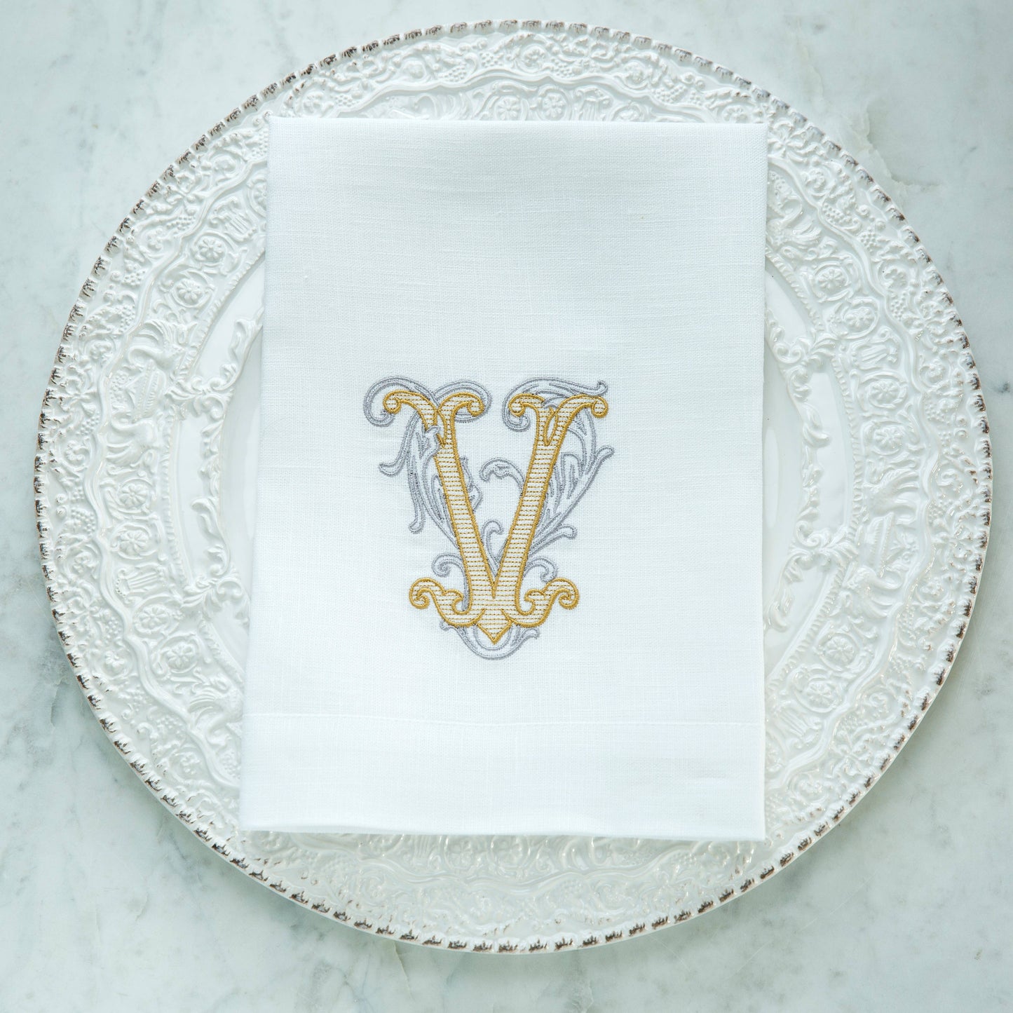 Vintage Vine Monogram Tri-Fold Napkin: V