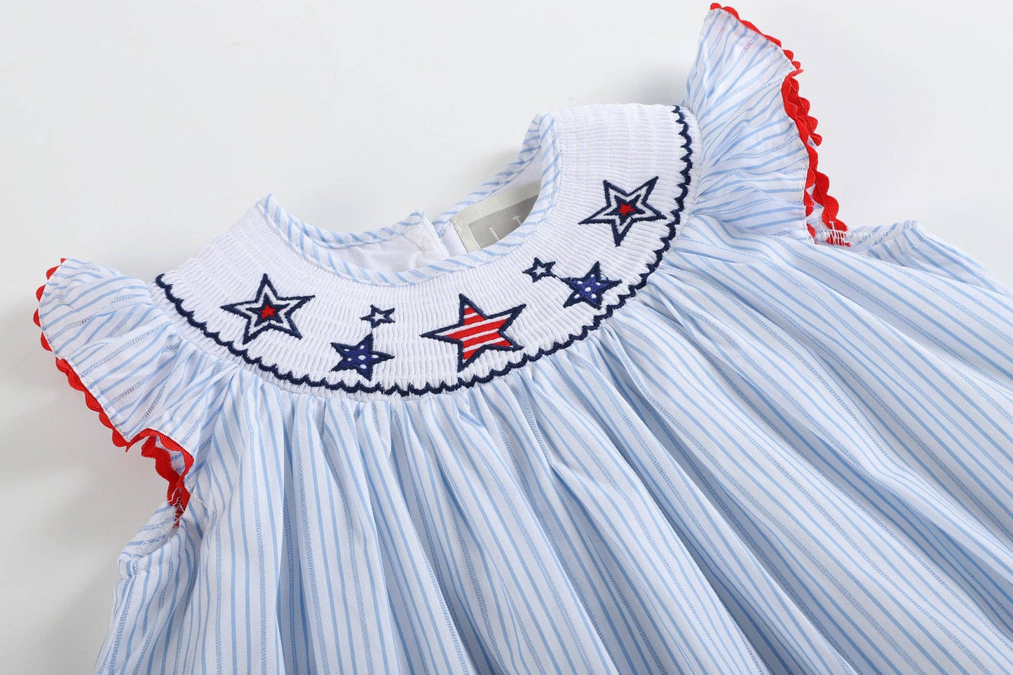 Blue Striped 4th of July Stars Smocked Bishop Dress: 3T