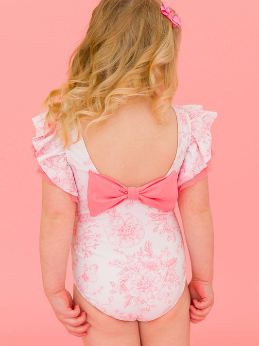 Girls Bubblegum Pink Butterfly Garden Toile Butterfly Sleeve One Piece Swimsuit
: Pink / 12-18m - Edwina Alexis