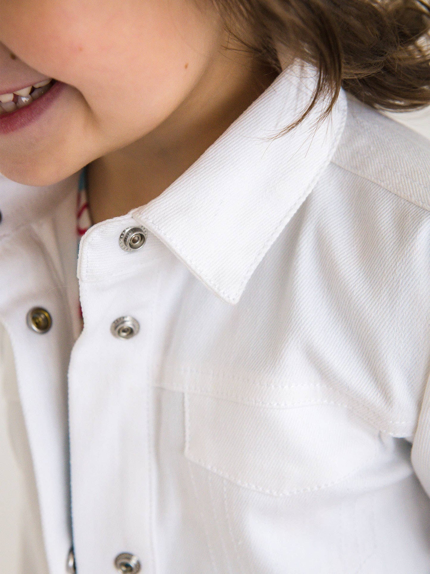 Girls White Stretch Denim Ruffle Jean Jacket with Heart Buttons: White / 2T