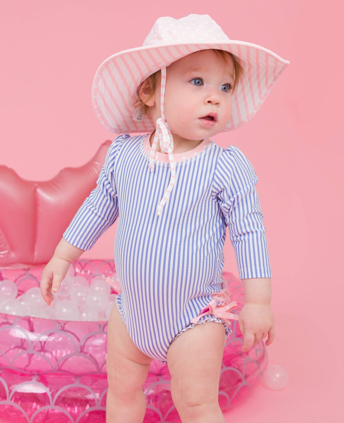 Baby Girls Periwinkle Blue Seersucker Long Sleeve One Piece Rash Guard Swimsuit with Signature Rear Ruffles