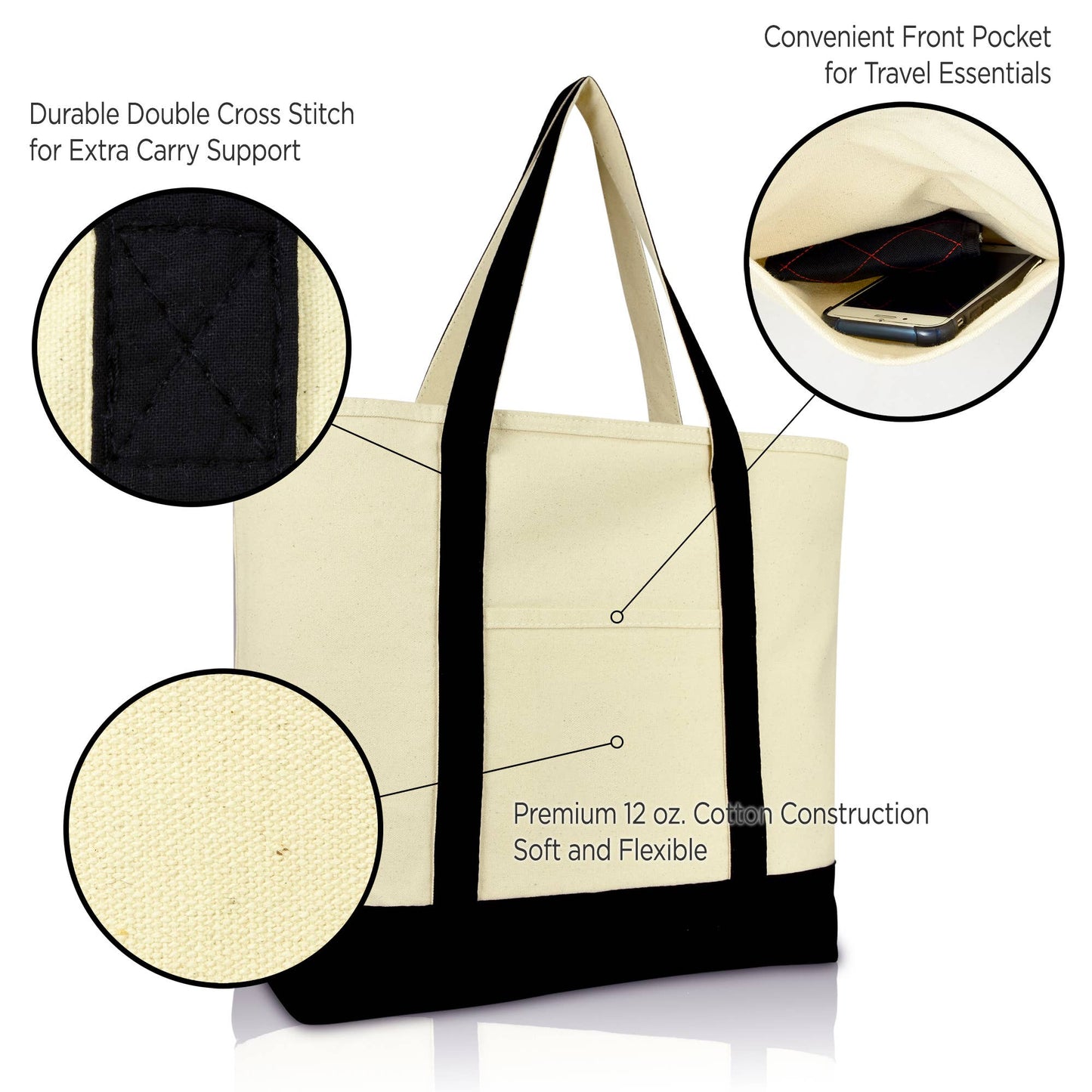 DALIX 22" Shopping Tote Bag in Heavy Cotton Canvas: Black