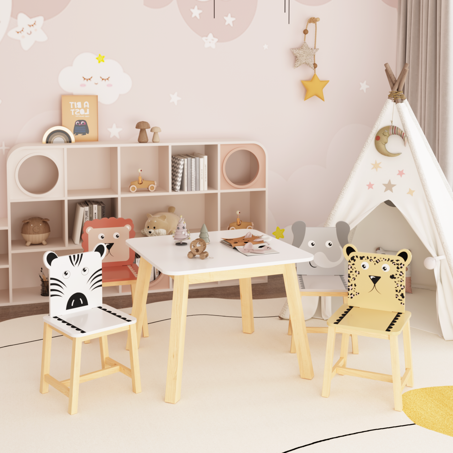Kids Table and Chair Set with Cartoon Animal Backs, 5-Piece: Default