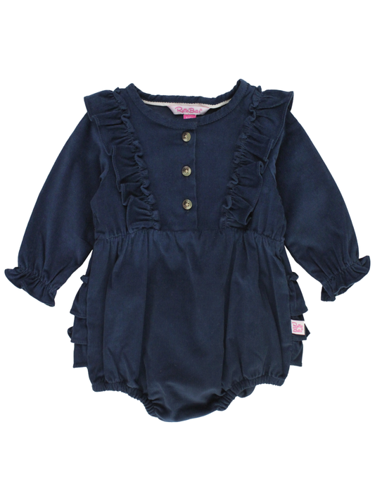 Baby Girls Dark Navy Stretch Corduroy Waterfall Bubble Romper: Blue / 18-24m