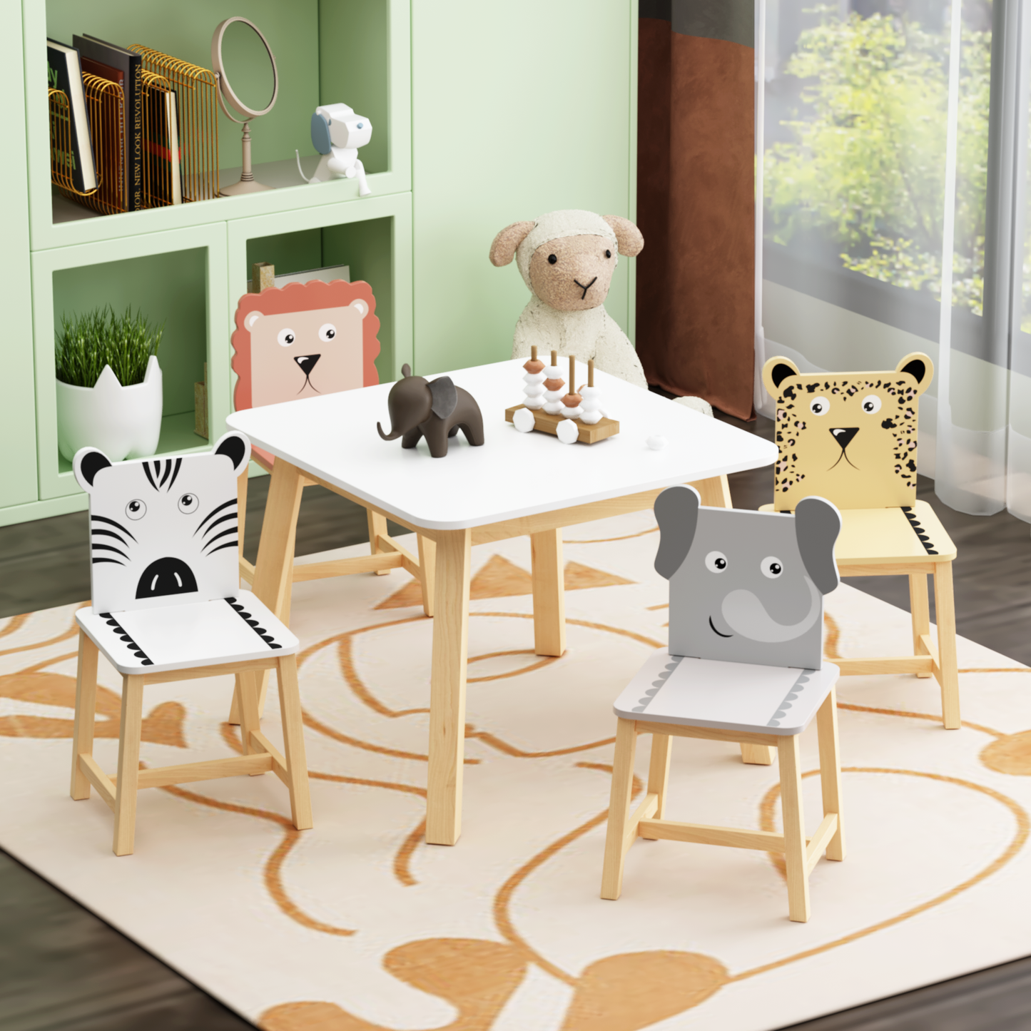Kids Table and Chair Set with Cartoon Animal Backs, 5-Piece: Default