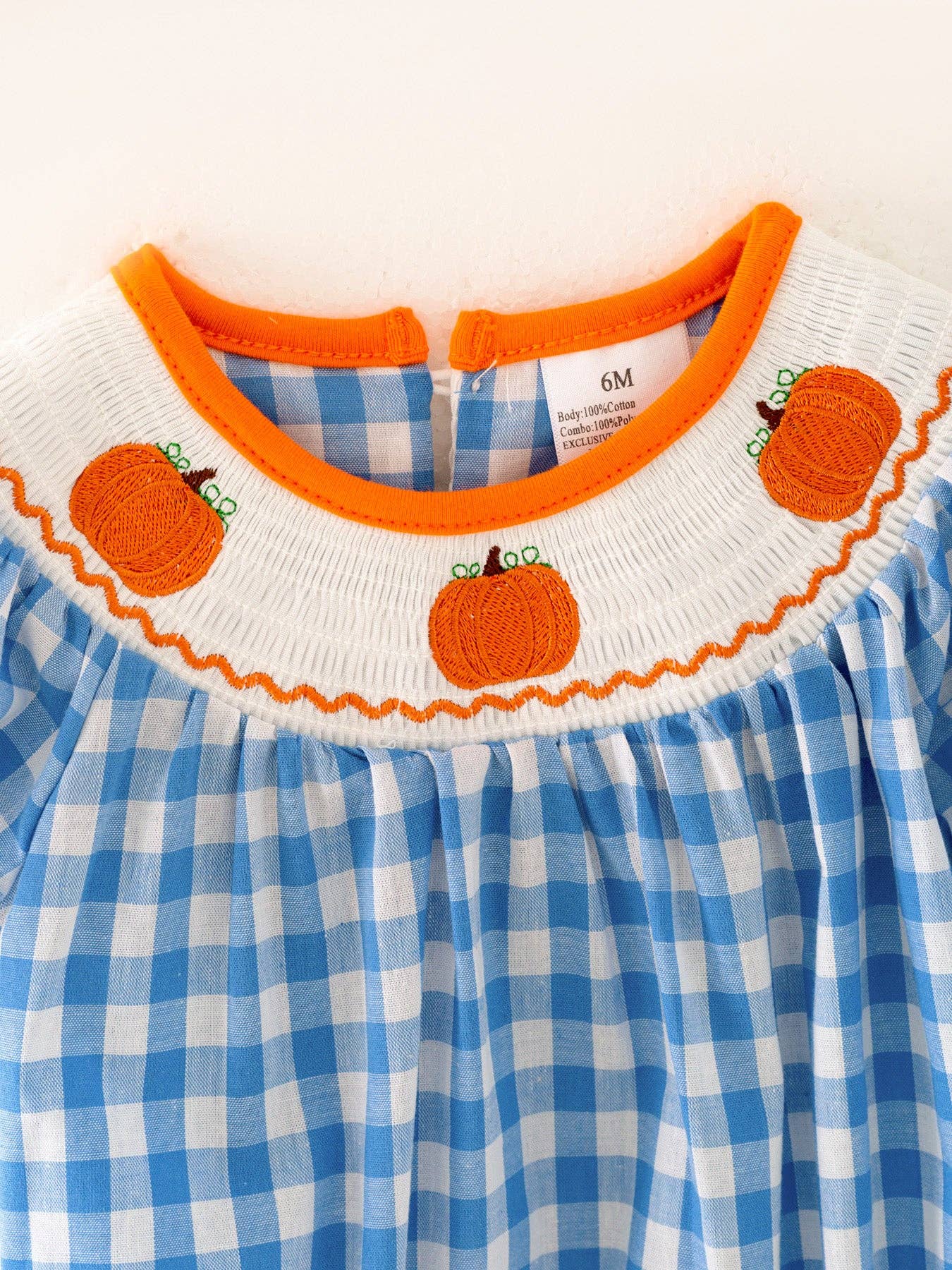 Halloween Bule Girls Woven Smocking Embroidered Plaid Romper: 3M - Edwina Alexis