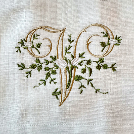 Floral Monogram White Linen Tissue Box Cover - New: V