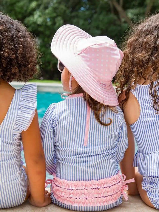 Baby Girls Periwinkle Blue Seersucker Long Sleeve One Piece Rash Guard Swimsuit with Signature Rear Ruffles