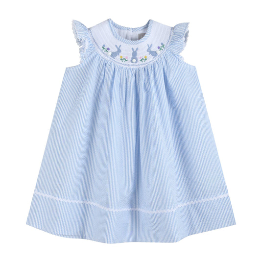 Light Blue Seersucker Easter Bunny Smocked Bishop Dress: 5Y