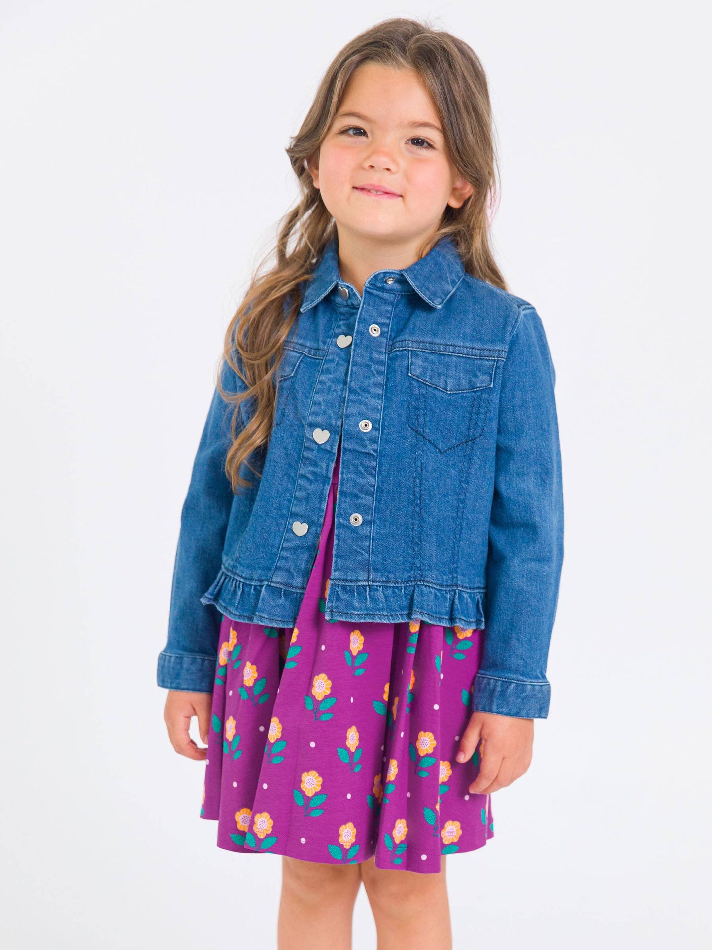Girls Medium Wash Denim Stretch Denim Ruffle Jean Jacket with Heart Buttons: Blue / 18-24m