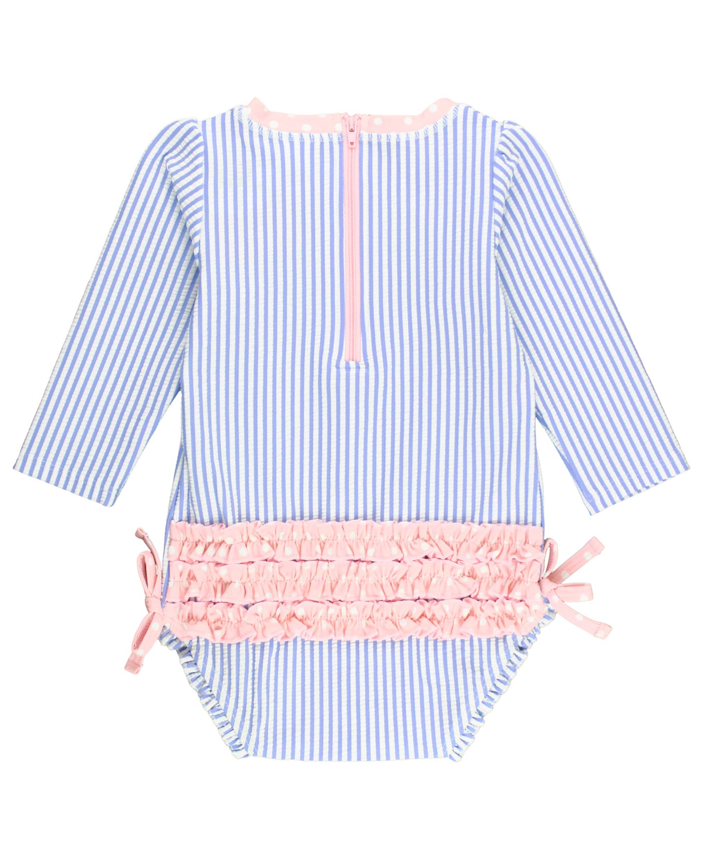 Baby Girls Periwinkle Blue Seersucker Long Sleeve One Piece Rash Guard Swimsuit with Signature Rear Ruffles