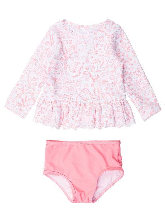 Girls By the Seaside Scalloped Long Sleeve Rash Guard 2-Piece: White / 6-12m - Edwina Alexis
