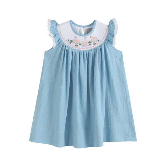Light Blue Swan Smocked Bishop Dress: 18-24M
