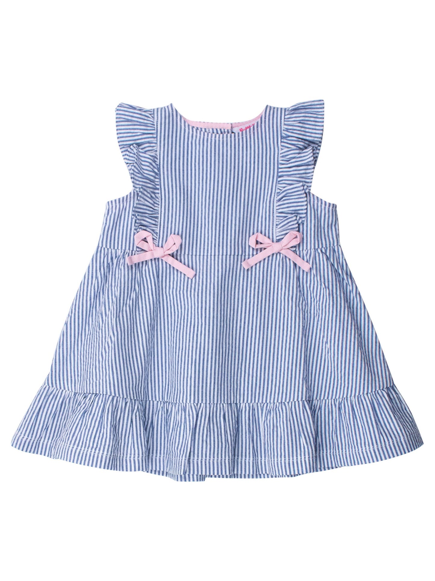 Girls Blue Seersucker Pinafore Bow Dress