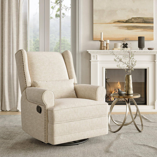 Swivel Upholstered  Recliner Chair with Extra Large Footrest: Beige