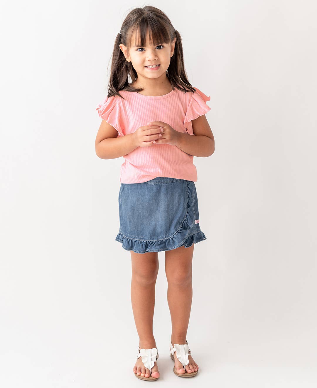 Girls Light Wash Ruffled Jean Skort: Blue / 18-24m