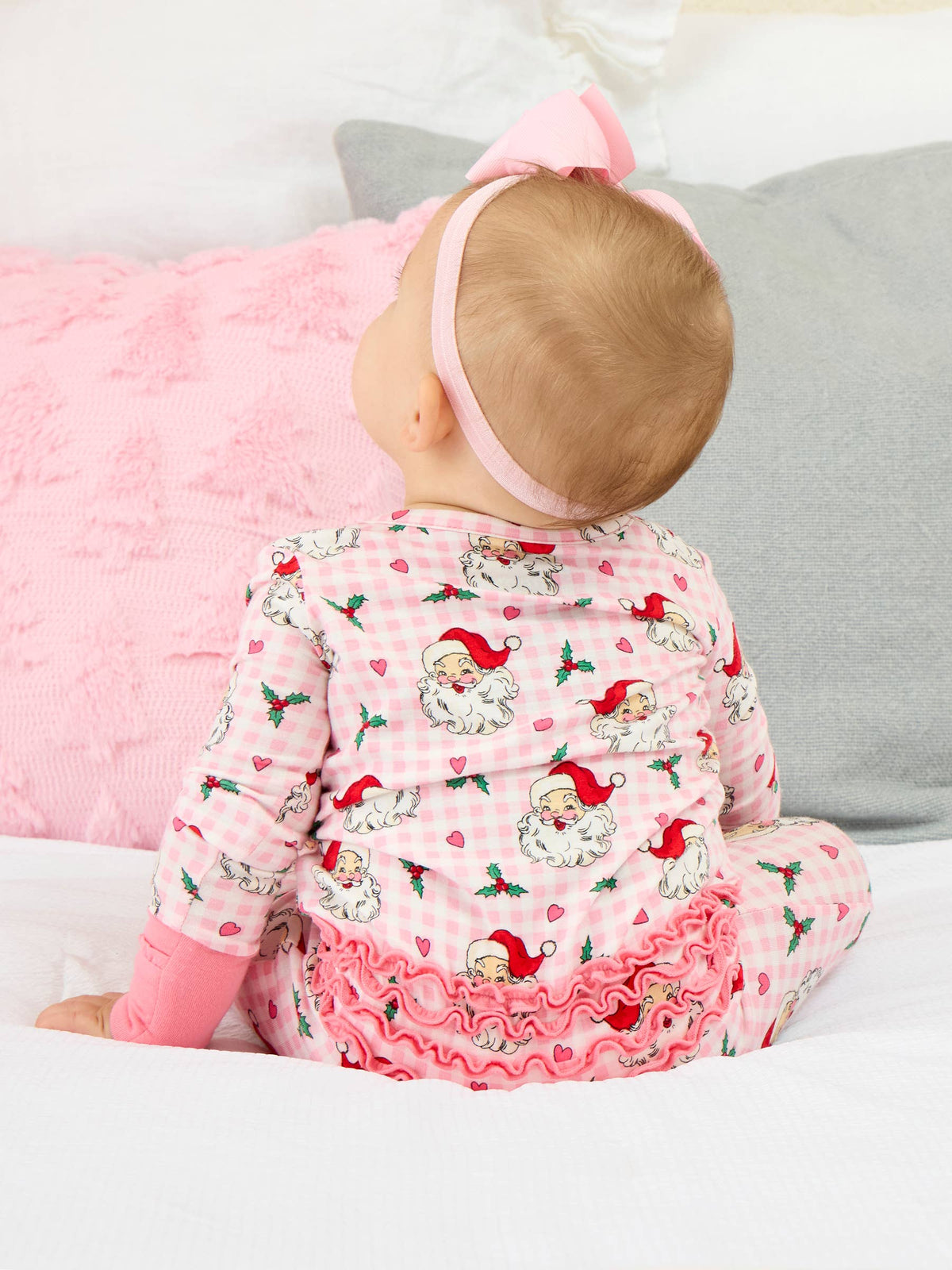 SoftSnooze™ Baby Girls Bamboo Viscose Pink Dear Santa Convertible Ruffle One Piece Footie Pajama