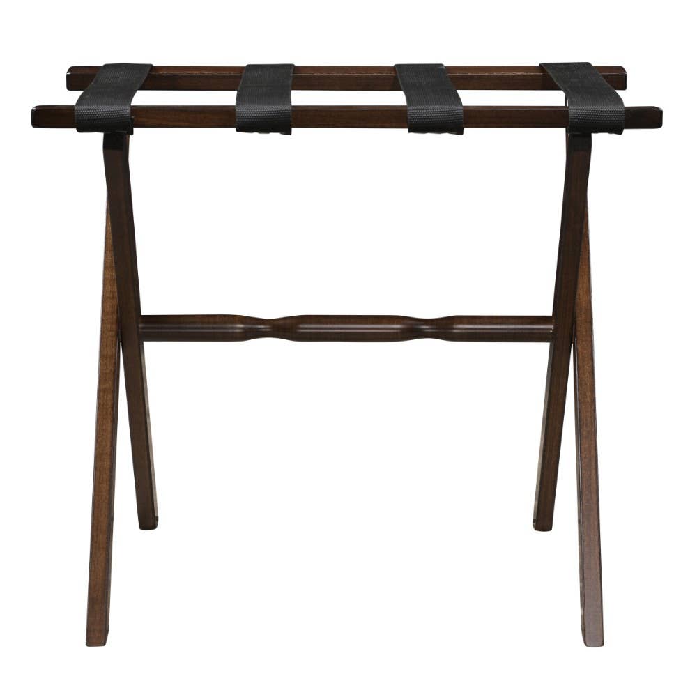 Dark Walnut Wood Folding Luggage Rack with Black Straps