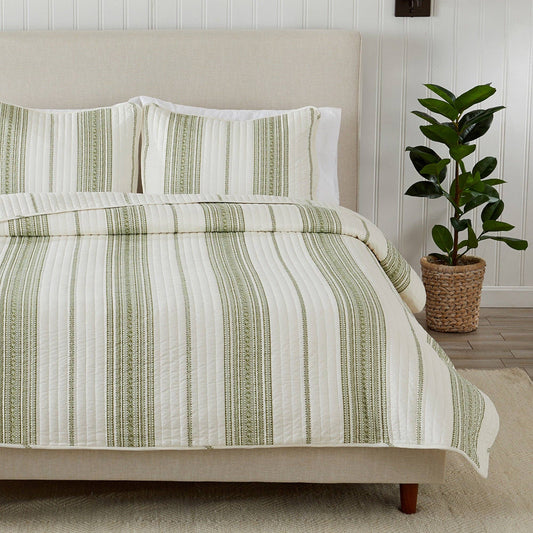 3-Piece Stripe Quilt - Wesley Collection: Wesley - White/Green / Twin