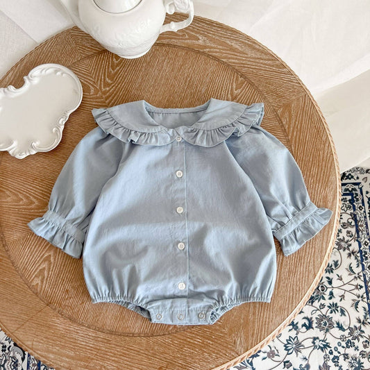 Baby Girl Solid Color Lace Doll Neck Long Sleeve Bodysuit: Blue / 66 (3-6M) - Edwina Alexis