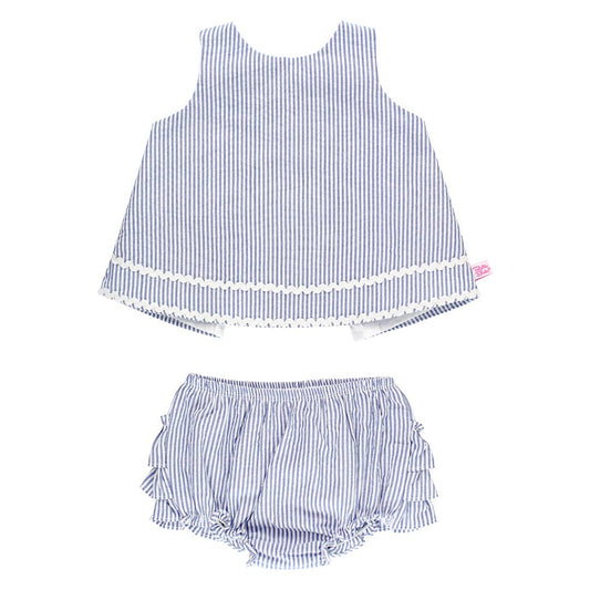 Baby Girls Classic Blue Seersucker Ric Rac Swing Top & Bloomer Set: 12-18m