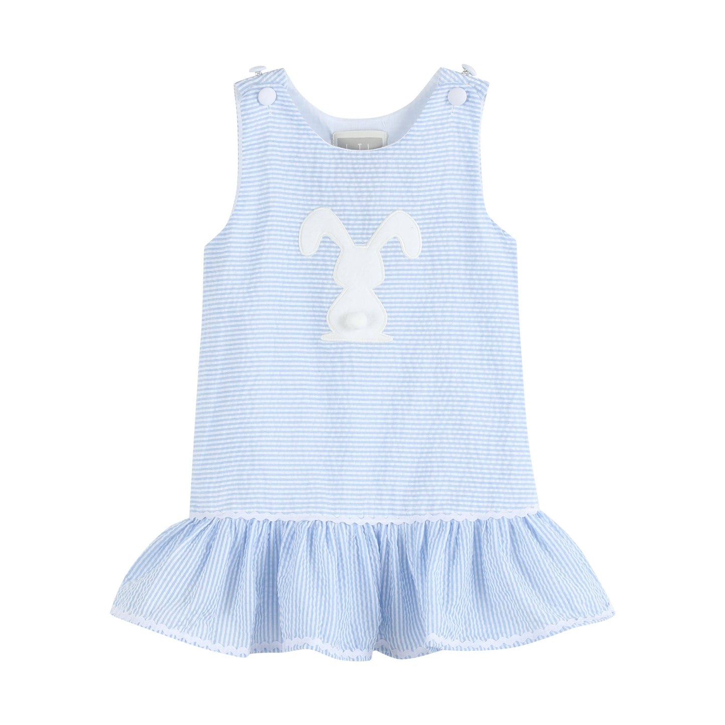 Light Blue Seersucker Pom Pom Bunny Swing Dress: 12-18M