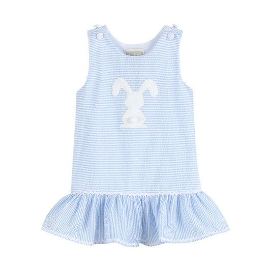 Light Blue Seersucker Pom Pom Bunny Swing Dress: 12-18M