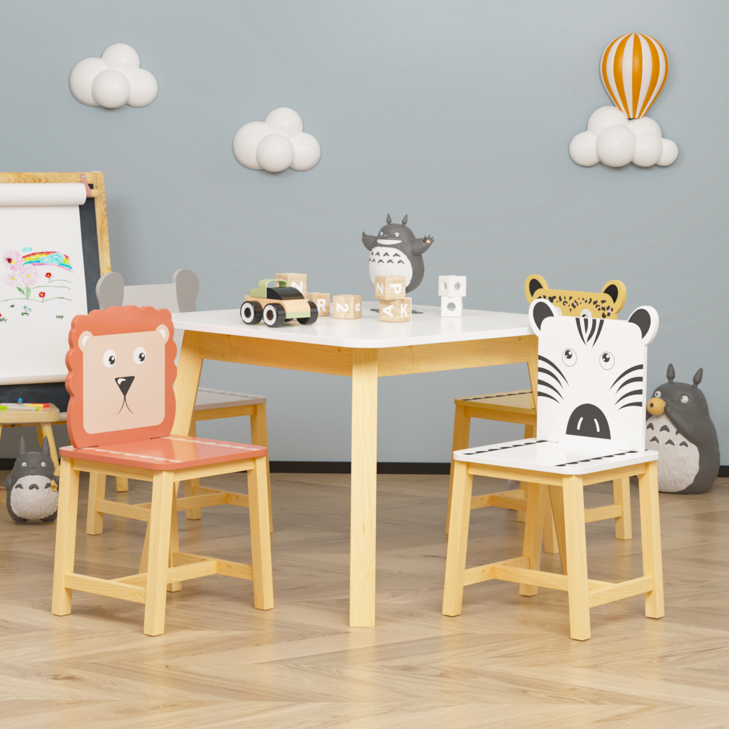 Kids Table and Chair Set with Cartoon Animal Backs, 5-Piece: Default