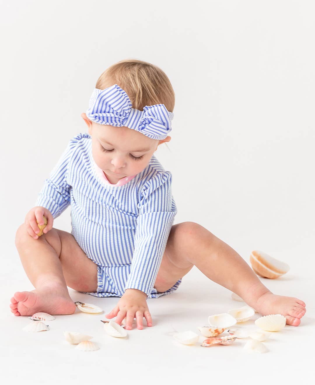 Baby Girls Periwinkle Blue Seersucker Long Sleeve One Piece Rash Guard Swimsuit with Signature Rear Ruffles