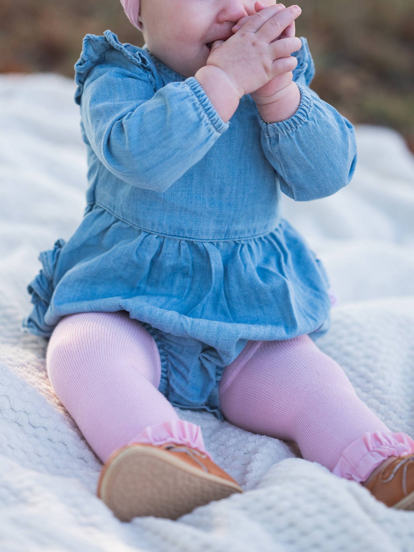 Baby Girls Light Wash Long Sleeve Flutter Bubble Romper: Blue / 18-24m