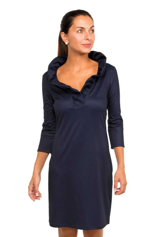 Jersey Ruffneck Dress - Solid: Navy/Kelly / XL