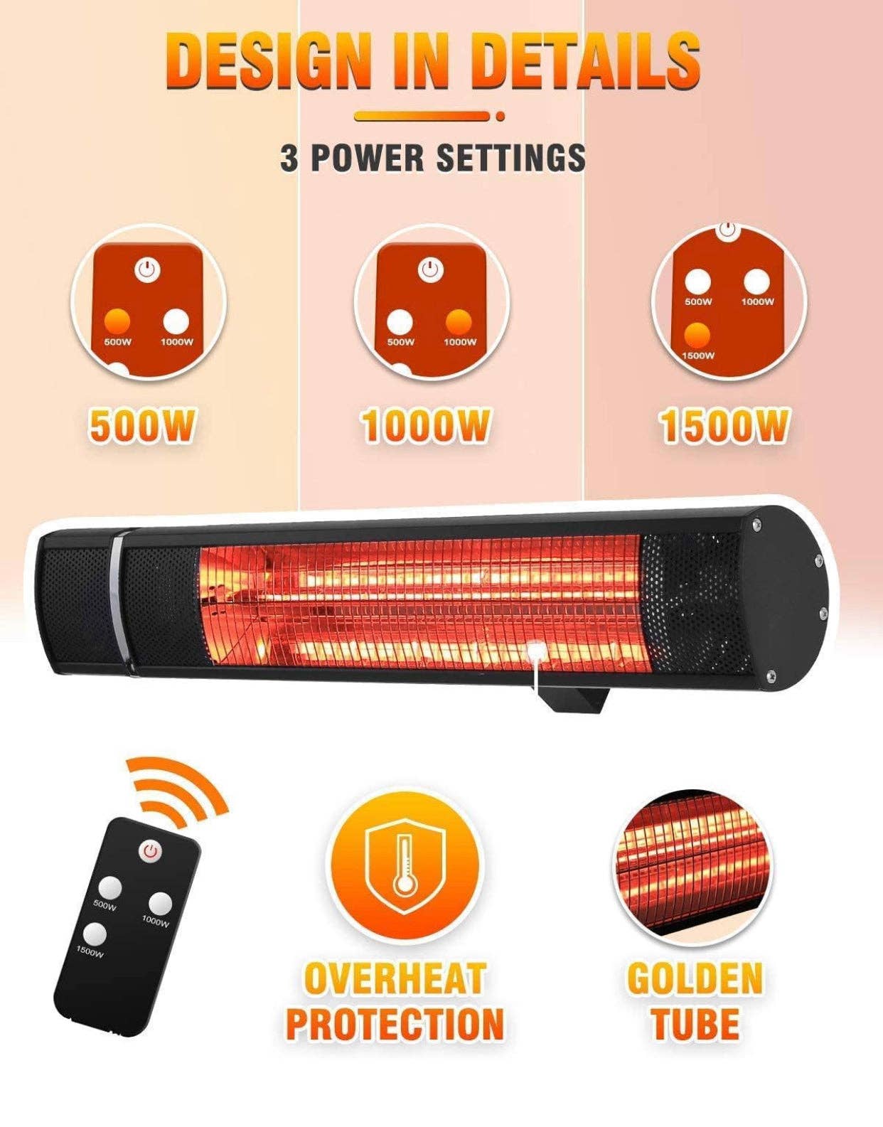 Electric Patio Heater, 1500W Outdoor Heater with 3 Power Settings, Infrared Heater with Remote Control, Overheat Protection, Wall Mounted Space Heater, In/Outdoor: Black