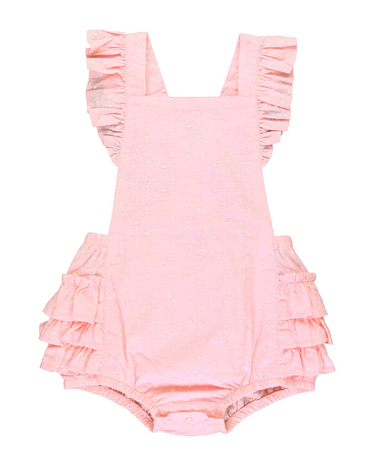 Girls Pink Embroidered Vintage Dot Flutter Overall Romper: Pink / 12-18m