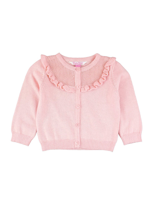 Girls Pink Sweater Knit Ruffle Trim Cardigan: Pink / 18-24m