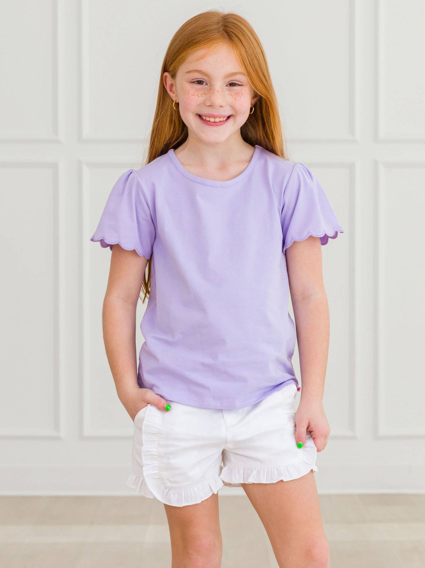 Girls Lavender Knit Short Sleeve Scallop Tee