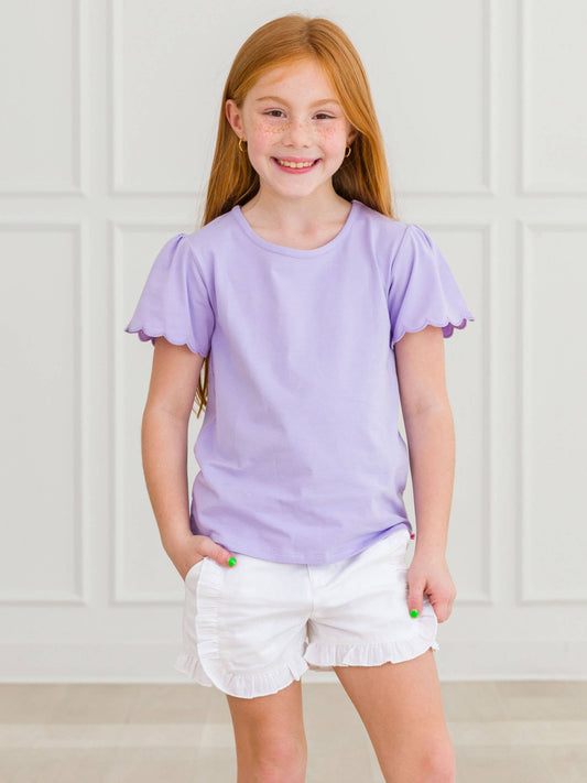 Girls Lavender Knit Short Sleeve Scallop Tee