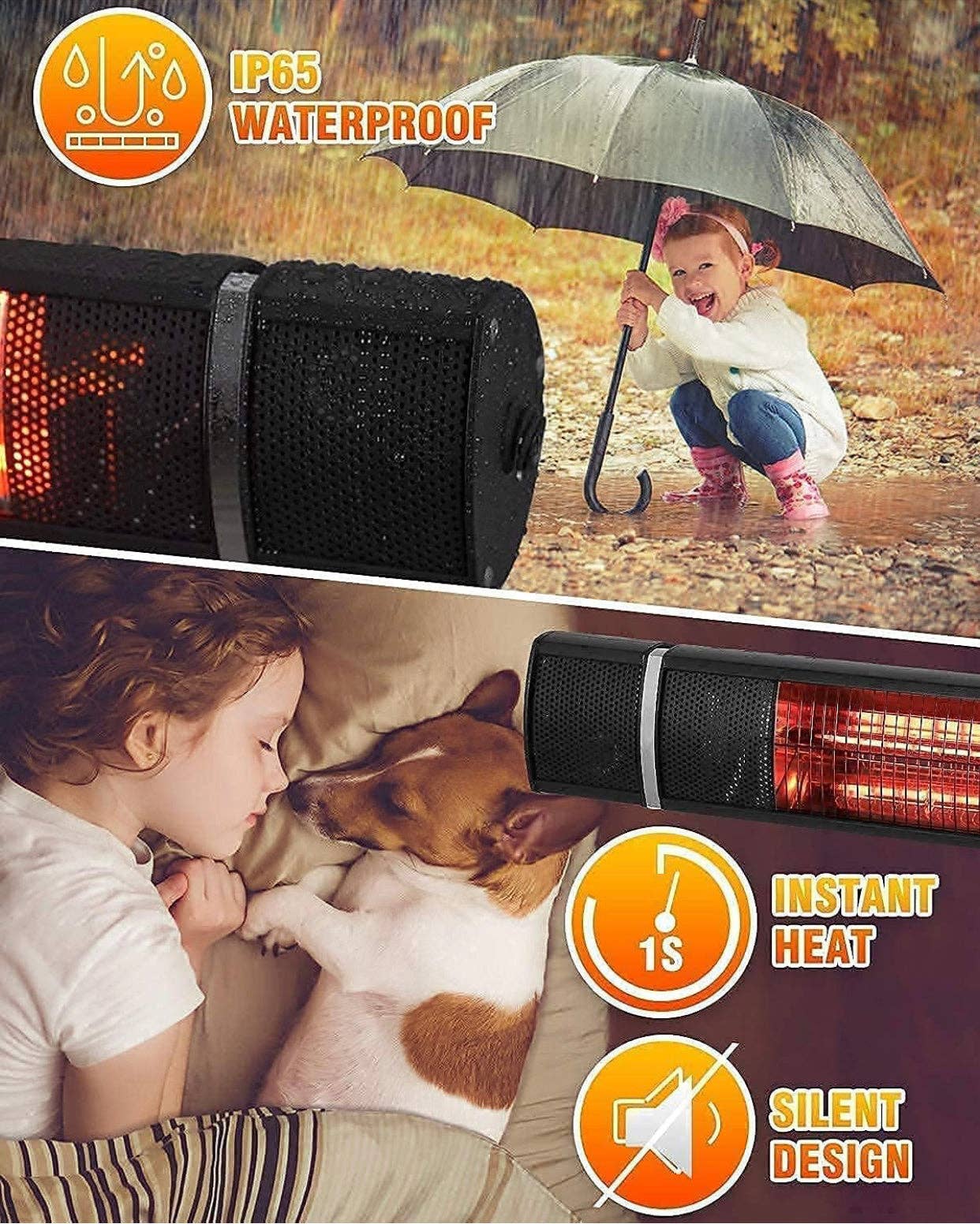 Electric Patio Heater, 1500W Outdoor Heater with 3 Power Settings, Infrared Heater with Remote Control, Overheat Protection, Wall Mounted Space Heater, In/Outdoor: Black