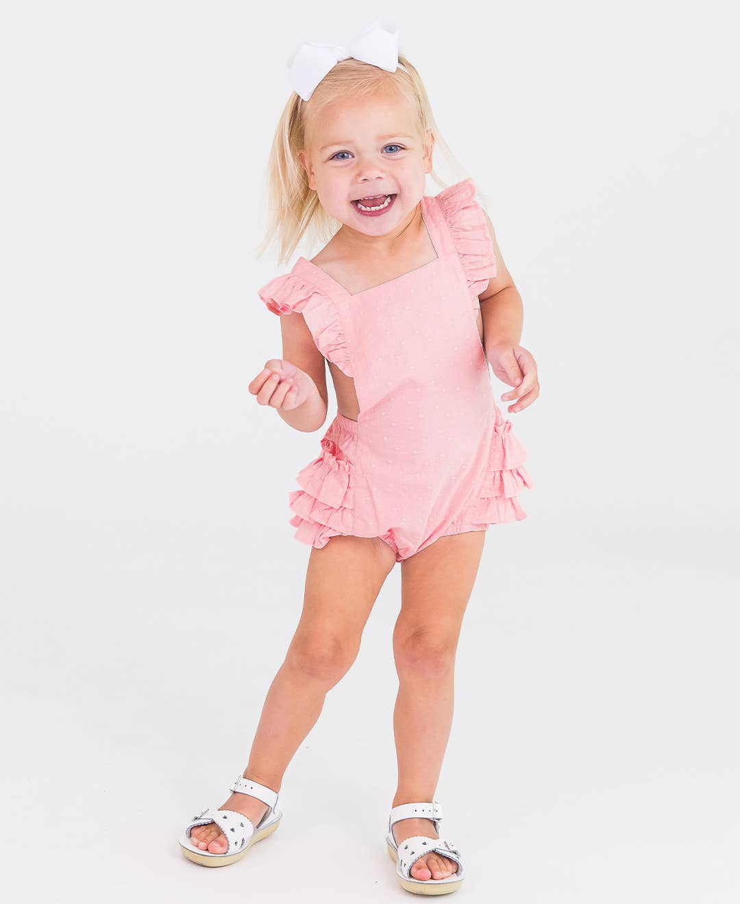 Girls Pink Embroidered Vintage Dot Flutter Overall Romper: Pink / 12-18m